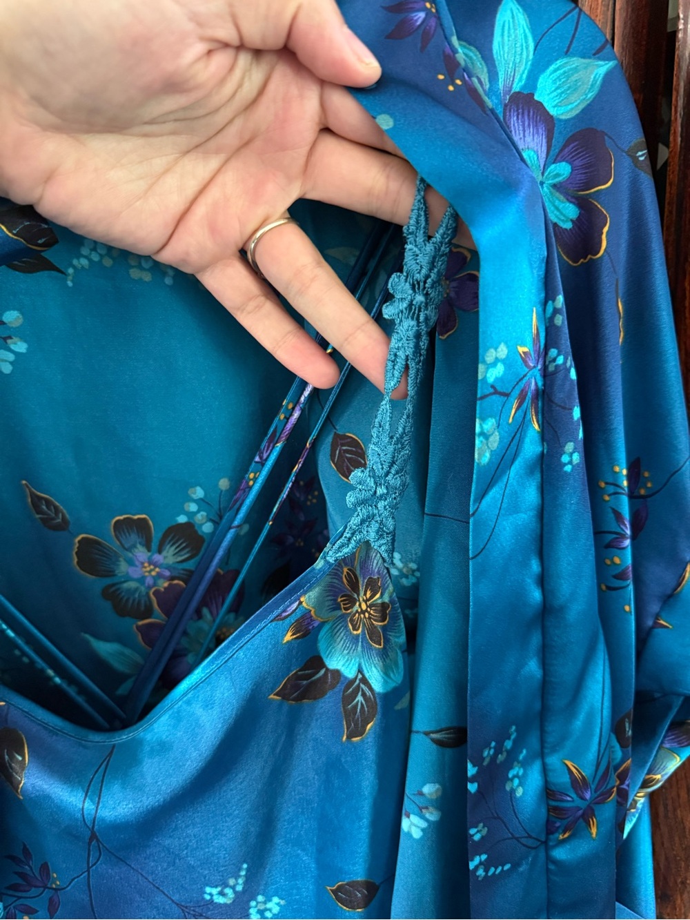 Blue Floral Satin Chemise with Lace Straps